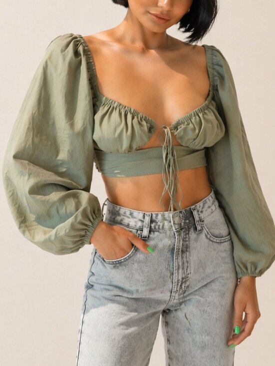 Lioness Tops - Lioness Olive Green Puff Sleeve Crop Top XS Cottagecore Coquette Tie Front